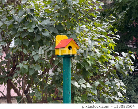Bright yellow birdhouse with red roof on a green post among lush foliage. Harmony of color, simplicity, and connection between human creativity and nature. 133088504