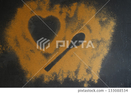 Cinnamon powder in heart shaped bowl on black stone table. Love concept. Top view flat lay with copy space 133088534