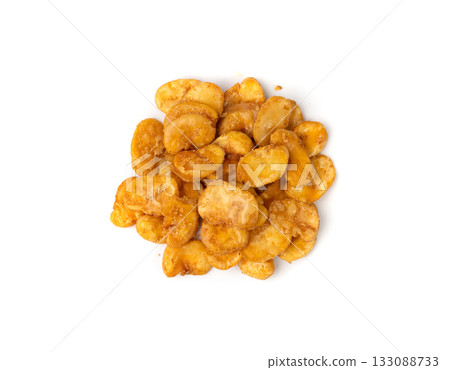 Roasted broad beans snack isolated, fried vicia faba, spicy legume, crispy big beans chips for salads Roasted broad beans snack isolated, fried vicia faba, spicy legume, crispy big beans chips for salads 133088733