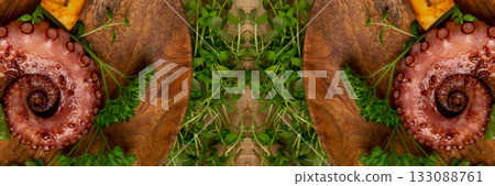 Grilled octopus tentacle on black stone plate served with shrimps Grilled octopus tentacle on black stone plate served with shrimps 133088761