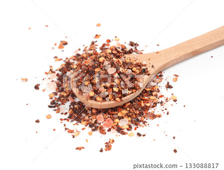 Chili and salt seasoning, red chilli pepper spice powder, dry crushed hot pepper flakes 133088817