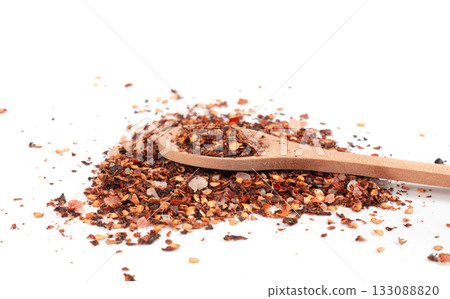 Chili and salt seasoning, red chilli pepper spice powder, dry crushed hot pepper flakes Chili and salt seasoning, red chilli pepper spice powder, dry crushed hot pepper flakes 133088820