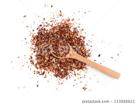 Chili and salt seasoning, red chilli pepper spice powder, dry crushed hot pepper flakes 133088822