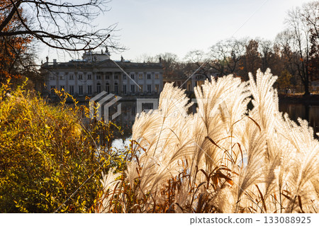Palace on the Isle reflected in water, Lazienki Park Warsaw  autumn sunlight 133088925