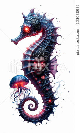 A fantastical seahorse with glowing eyes and a mermaid's face superimposed on it, with a jellyfish floating nearby against a white background. A fantastical seahorse with glowing eyes and a mermaid's face superimposed on it, with a jellyfish floating nearby against a white background. 133088952