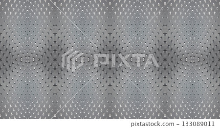 Symmetrical metallic dot texture. Symmetrical metallic texture featuring a pattern of uniformly spaced, raised dots across a silver-gray surface.  133089011