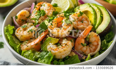 Experience a vibrant shrimp avocado salad with large avocados, fresh greens, and flavorful seasonings, perfect for a healthy dish any time 133089026