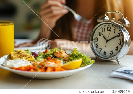 An alarm clock stands next to a nutritious meal, signaling the time for eating while following an intermittent fasting plan in a sunny kitchen An alarm clock stands next to a nutritious meal, signaling the time for eating while following an intermittent fasting plan in a sunny kitchen 133089049