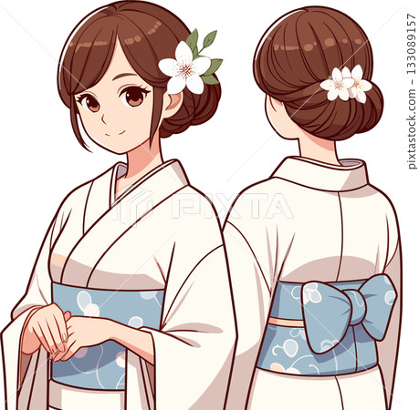 身著和服的女性插圖，正面和背面 133089157