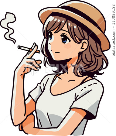一幅描繪戴帽子的女子吸煙的插圖 133089158