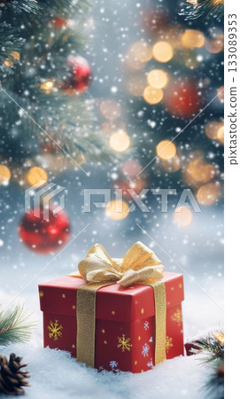 A Festive Red Gift Box Set in a Beautifully Snowy Landscape with Charming Bokeh Lights A Festive Red Gift Box Set in a Beautifully Snowy Landscape with Charming Bokeh Lights 133089353