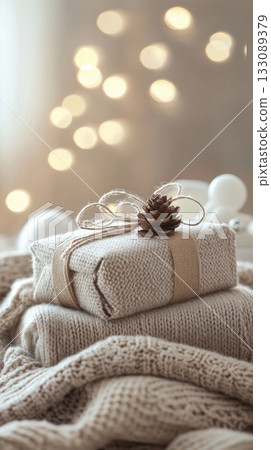Cozy Holiday Gifts Beautifully Wrapped in Earthy Natural Tones for a Warm Feeling 133089379