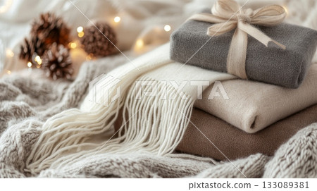 Cozy Holiday Gifts Beautifully Wrapped in Earthy Natural Tones for a Warm Feeling 133089381