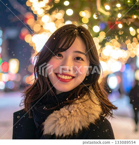 Winter portrait of a smiling woman in the Christmas city Winter portrait of a smiling woman in the Christmas city 133089554