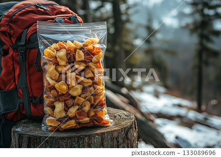 Nutritious snacks. Hiking food. Freeze-dried fruit and nuts in a transparent zip bag on a tree stump next to red backpack. 133089696