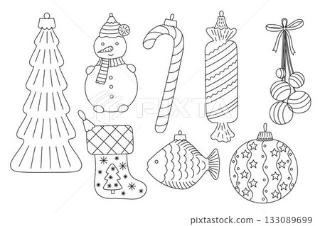 Christmas tree bauble set lollipop, fish, snowman, stocking festive decor doodle outline hand drawn vector illustration for winter holiday seasonal greeting card, invitation, sticker, line art clipart Christmas tree bauble set lollipop, fish, snowman, stocking festive decor doodle outline hand drawn vector illustration for winter holiday seasonal greeting card, invitation, sticker, line art clipart 133089699