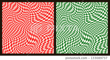 Red and green distorted check seamless vector pattern set for Christmas designs, Warped gingham psychedelic background 133089737