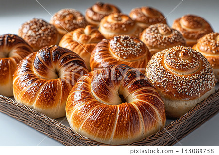 Rustic baked buns. Variety of baked snail-shaped buns in on a wooden trading tray on a white background. 133089738