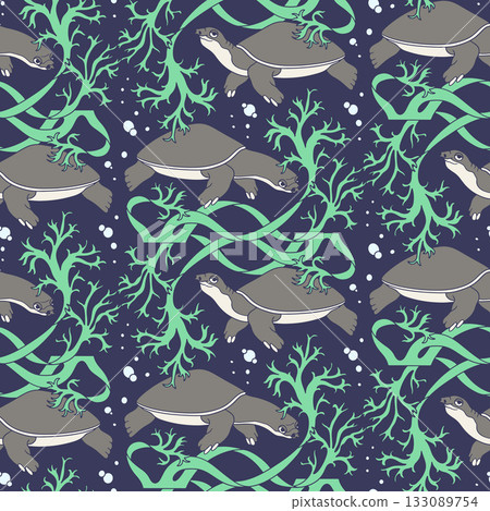 Cute sea turtles and algae coastal seamless pattern vector illustration Cute sea turtles and algae coastal seamless pattern vector illustration 133089754