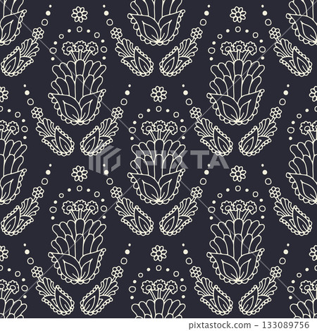 Hand drawn black and white intricate line art Paisley seamless pattern on dark background 133089756