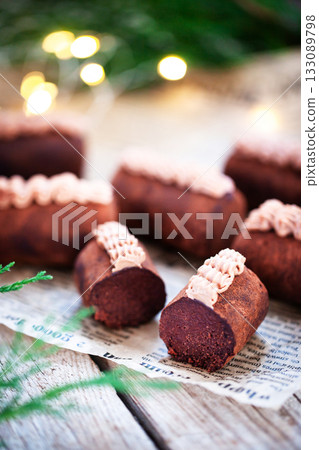 Homemade dessert, chocolate brownie cake, close-up Homemade dessert, chocolate brownie cake, close-up 133089798