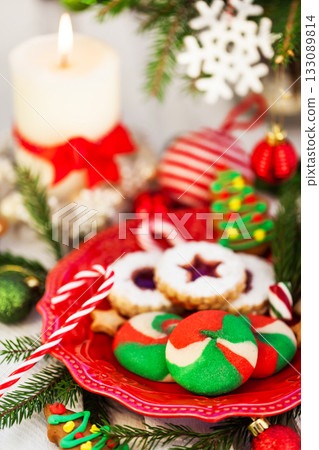 Sweet Shortbread Tricolor cookies and Linzer cookies, Christmas decoration around Sweet Shortbread Tricolor cookies and Linzer cookies, Christmas decoration around 133089814
