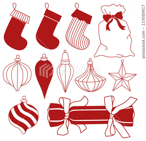 Christmas hand-drawn collection of wrapped gifts with bows, Christmas ornaments and stockings in red color doodle line art style 133089917