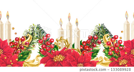Seamless border featuring red Christmas poinsettias, holly berries, burning candles, vintage gold decor on a white background. Watercolor pattern for invitation, greeting card, tablecloths, home decor Seamless border featuring red Christmas poinsettias, holly berries, burning candles, vintage gold decor on a white background. Watercolor pattern for invitation, greeting card, tablecloths, home decor 133089928