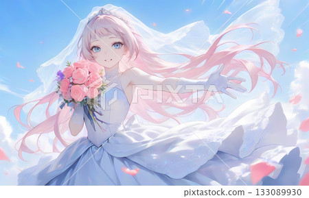 A pink-haired girl in a wedding dress and a blue sky. A cartoon-style AI illustration that can also be used as a thumbnail for landscape videos. A pink-haired girl in a wedding dress and a blue sky. A cartoon-style AI illustration that can also be used as a thumbnail for landscape videos. 133089930