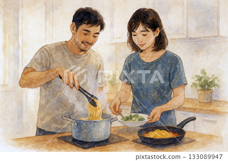 The kitchen life of a Japanese couple cooking pasta together for lunch 133089947