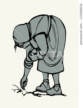 Vector drawing. Old woman in the field 133090016