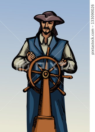 Vector drawing. The captain at the helm Vector drawing. The captain at the helm 133090026