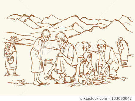 Vector illustration. People collecting manna in the desert. 133090042