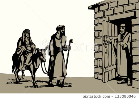 Vector drawing. Man at the door meet Mary and Joseph 133090046