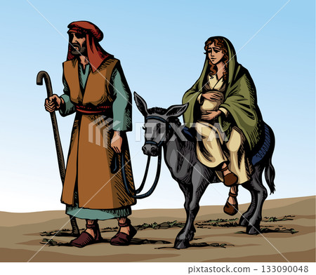 Vector drawing. Mary ride on the donkey 133090048