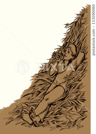 Vector drawing. Boy resting on a hay 133090060