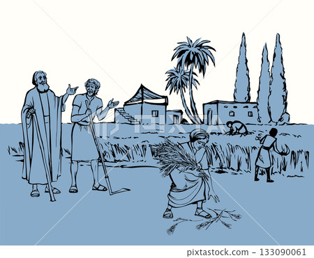 Vector drawing. Ruth and Boaz in the field Vector drawing. Ruth and Boaz in the field 133090061