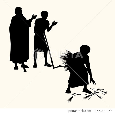 Vector drawing. Ruth and Boaz in the field 133090062