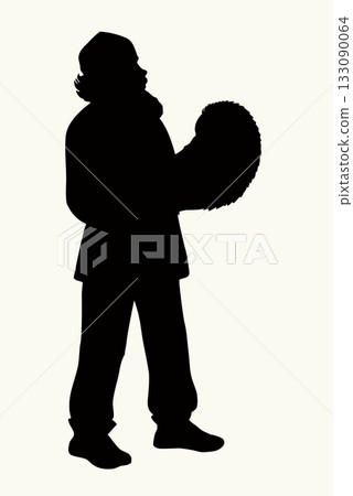 Vector drawing. Man sells a fur 133090064