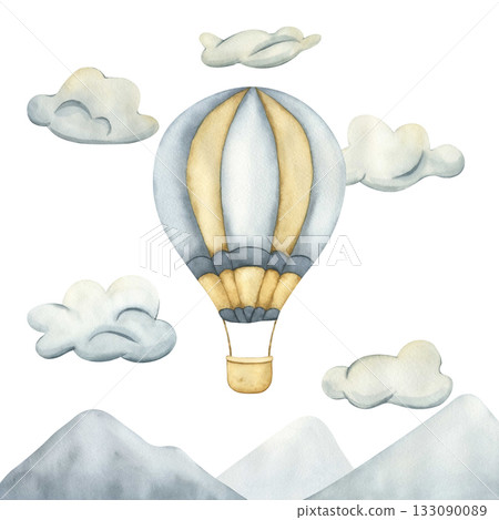 A hot air balloon is floating in the sky above a mountain range in white clouds. Watercolor hand drawn illustration of a hot air Balloon in blue and beige colors. Drawing airship for kids goods A hot air balloon is floating in the sky above a mountain range in white clouds. Watercolor hand drawn illustration of a hot air Balloon in blue and beige colors. Drawing airship for kids goods 133090089