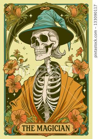 The magician. Tarot card in art nouveau style. Skeleton wearing hat. Vector bright illustration 133090117