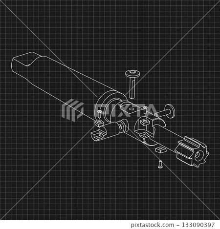 Mechanical engineering drawings. Tap tools, borer. Technical Design. Cover. Blueprint. Step Cutting Tool with Countersinking Function. Technical 3D Vector Illustration 133090397