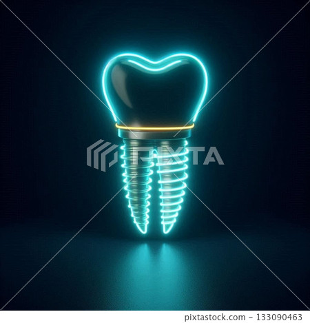 Glowing dental implant symbolizing modern oral health solutions in a dark setting Glowing dental implant symbolizing modern oral health solutions in a dark setting 133090463