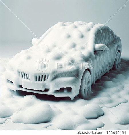Foam car wash in a clean, minimalist environment showcases detailing process during bright daylight hours Foam car wash in a clean, minimalist environment showcases detailing process during bright daylight hours 133090464