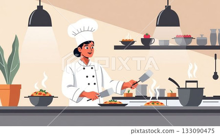 Joyful chef preparing delicious dishes in a modern kitchen during a busy lunchtime in a culinary studio 133090475