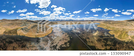 Aerial view of the Conococha lagoon in the mountains of Ancash. 133090947