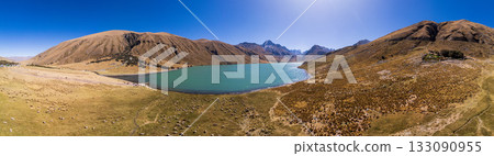 Aerial view of the Querococha lagoon, in the Ancash region. 133090955