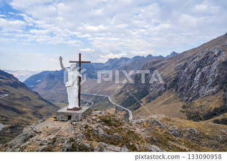 Aerial view of the White Christ in Chavin, Ancash. Aerial view of the White Christ in Chavin, Ancash. 133090958