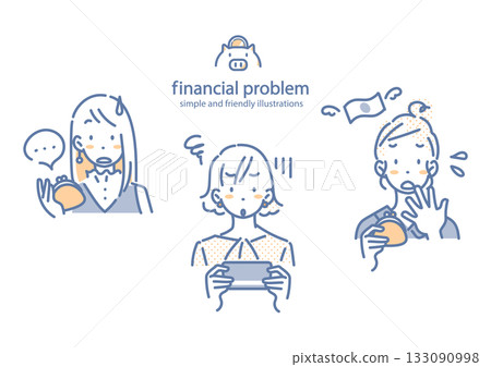 一幅簡潔時尚的線條畫,描繪了一位年輕女子因金錢問題而焦慮的情景。 一幅簡潔時尚的線條畫,描繪了一位年輕女子因金錢問題而焦慮的情景。 133090998