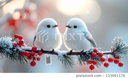 一對可愛的日本長尾山雀棲息在雪地裡一根結滿紅色漿果的樹枝上，特寫鏡頭。 133091178